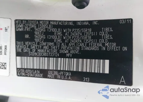 2011 Toyota Sienna Xle/Limited from USA, damaged, VIN 5TDYK3DC8BS133124